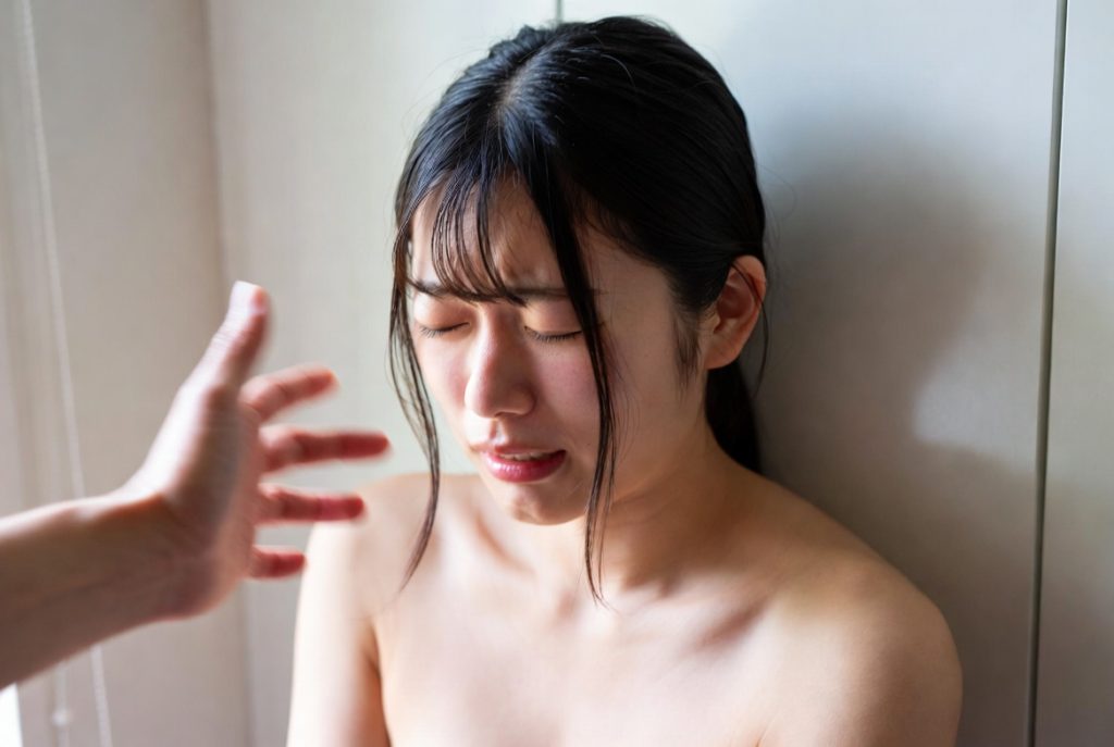 上半身裸で頬への平手打ちを受ける女子学生