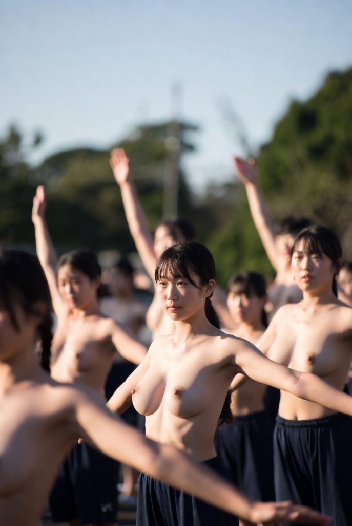深霞学園大学における朝体操。男女ともに上半身裸で取り組んでいる。